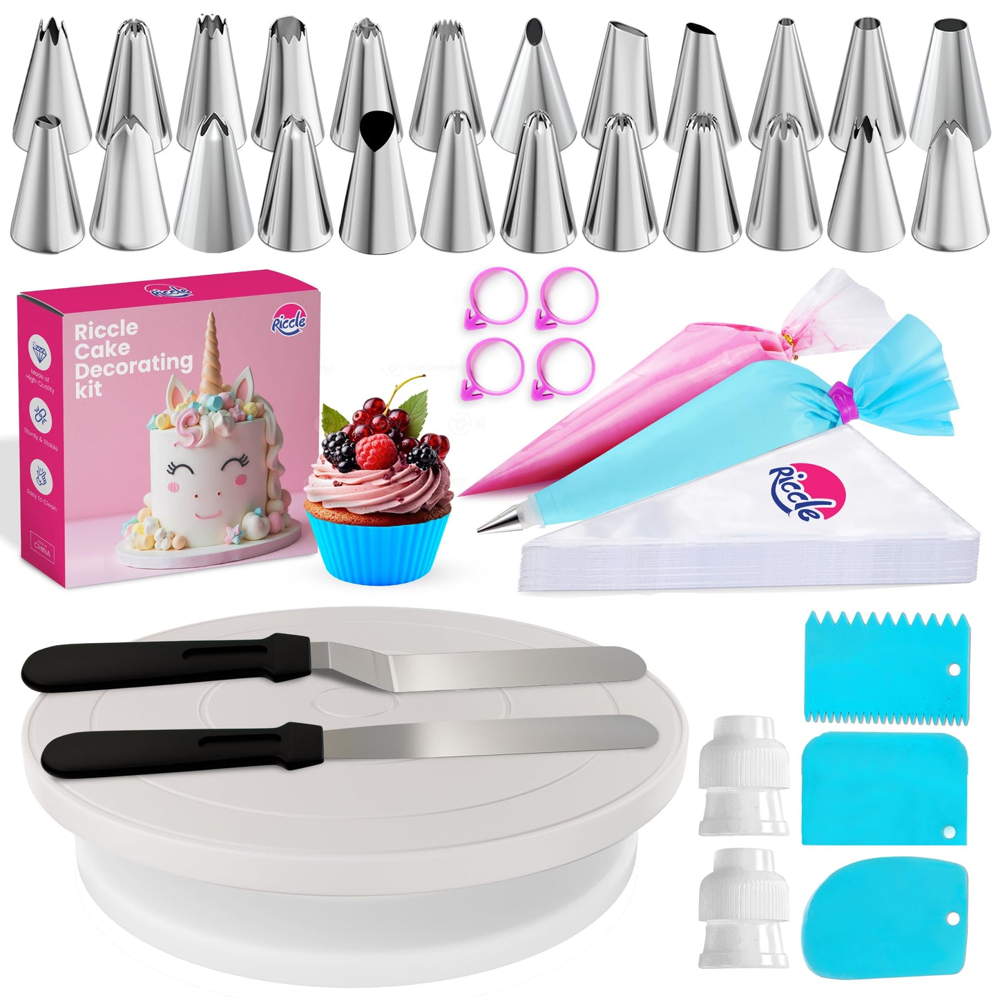 94 pcs Cake Decorating Kit with Cake Turntable - Includes 50pcs 16 Inch Disposable + 2 Reusable Piping Bags and Tips Set, 24 Icing Piping Tips, 2 Spatulas, 3 Icing Comb Scraper, 6 Cake Liners