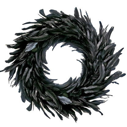 Black Feather Wreath - 14.9'' Natural Cocktail Feather Wreath, Halloween Photo Props, Front Door Decor Witch Spooky Scene Party Decorations
