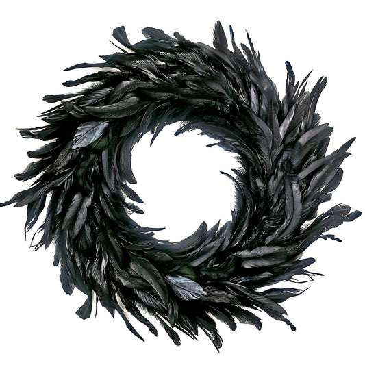 Black Feather Wreath - 14.9'' Natural Cocktail Feather Wreath, Halloween Photo Props, Front Door Decor Witch Spooky Scene Party Decorations