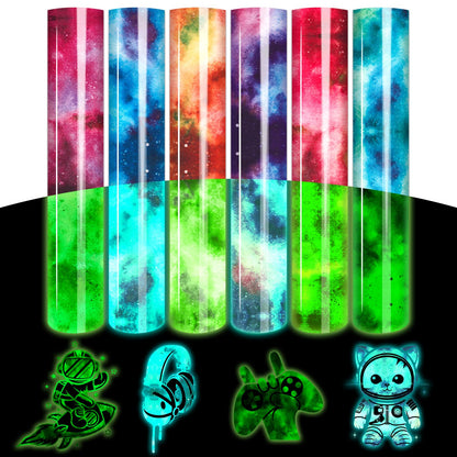 Glow in Dark HTV Heat Transfer Vinyl - 12x10 inch 6 Sheets Luminous Galaxy Iron on Vinyl Galaxy HTV Vinyl for T-Shirts DIY Compatible with Cricut or Silhouette Cameo