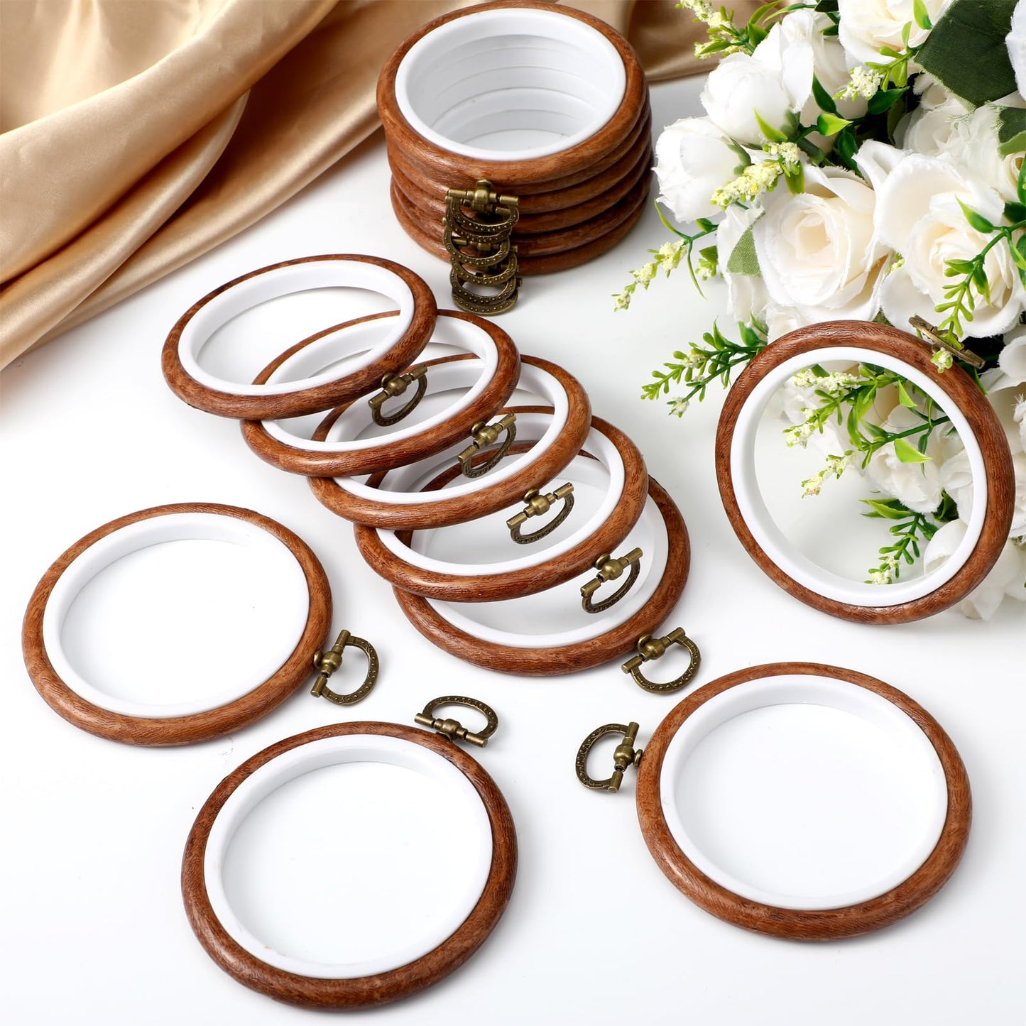15 Pcs 3 Inch Spring Round Embroidery Hoops Frame Circle Rubber Hoops Ring Display Cross Stitch Ornament Imitated Wood Frame Kits for Mothers's Day Craft Sewing DIY Hanging Gifts
