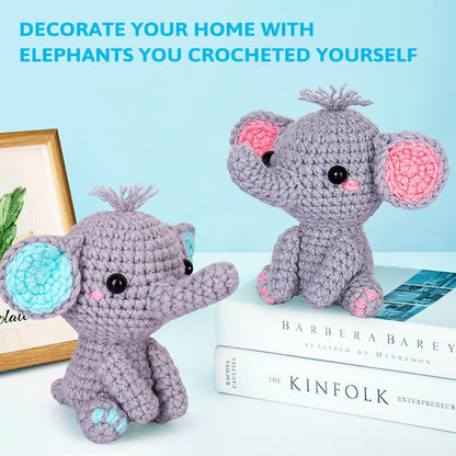 Crochet Kit for Beginners, Beginner Crochet Starter Kit with Step-by-Step Video Tutorials, Learn to Crochet Kits for Adults Kids, DIY Knitting Supplies, 2 Pack Elephant Family (40%+ Yarn)