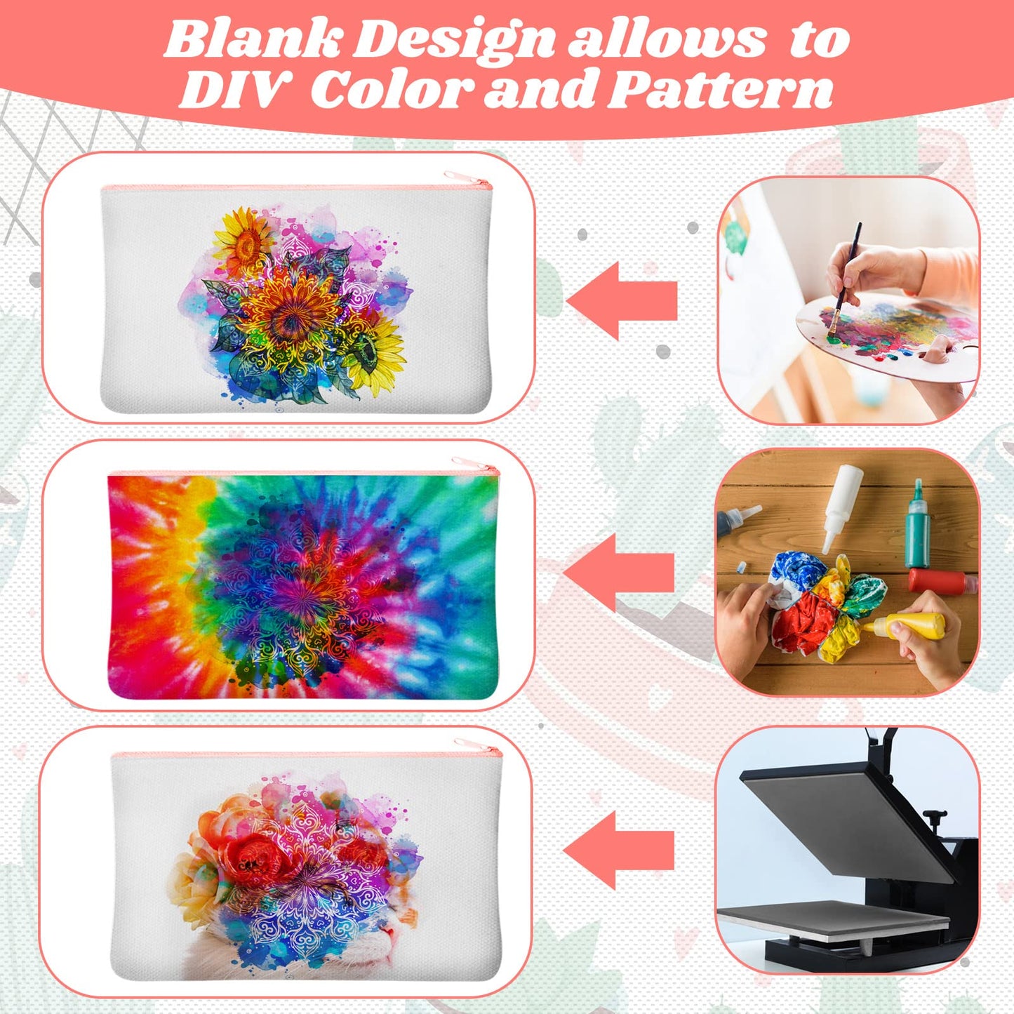 50 Pcs Sublimation Blank Canvas Makeup Bags Bulk DIY Heat Transfer Canvas Pen Case Pencil Cosmetic Makeup Bags Clear Sublimation Blank Pouch with Zipper (7 x 4.3 Inch,Mixed Colors)