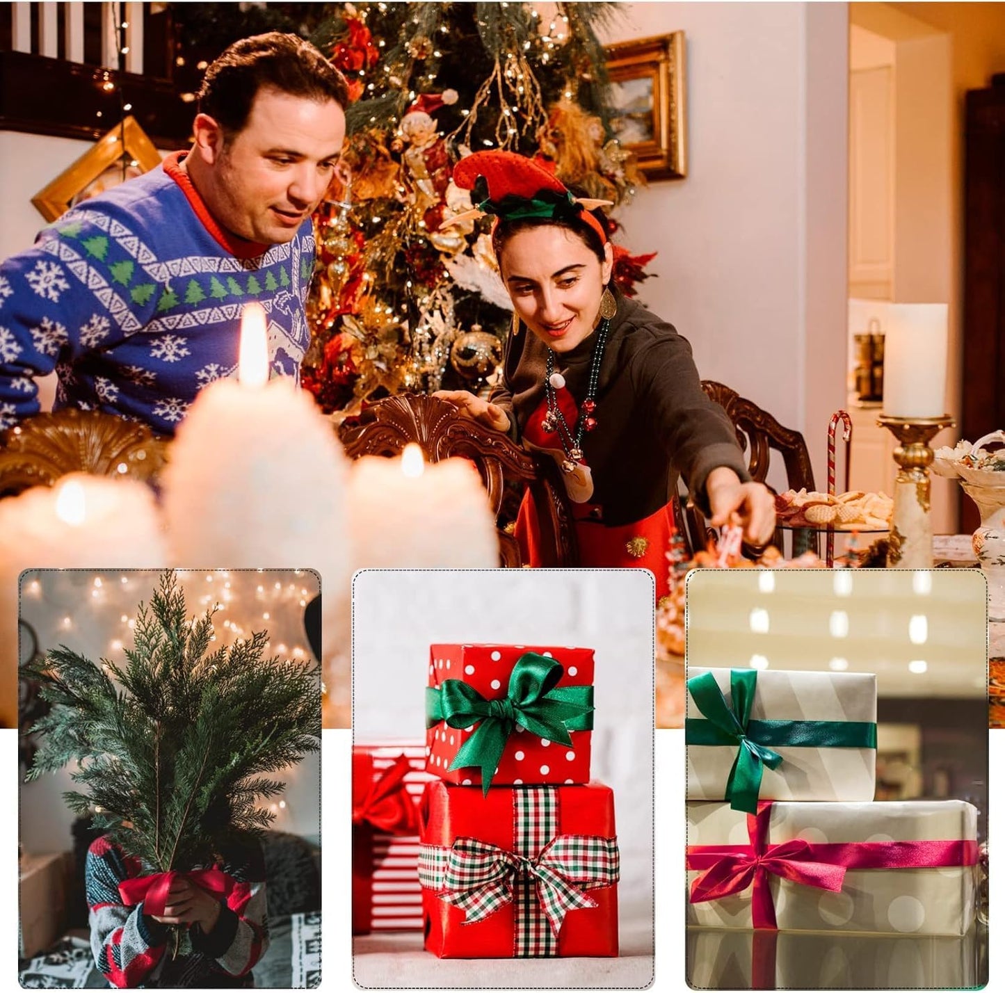 3 Rolls Christmas Ribbon 1 Inch X 50 Yards Red and Green Satin Ribbon Double Faced Polyester Holiday Ribbons for Gift Wrapping Wedding Decor