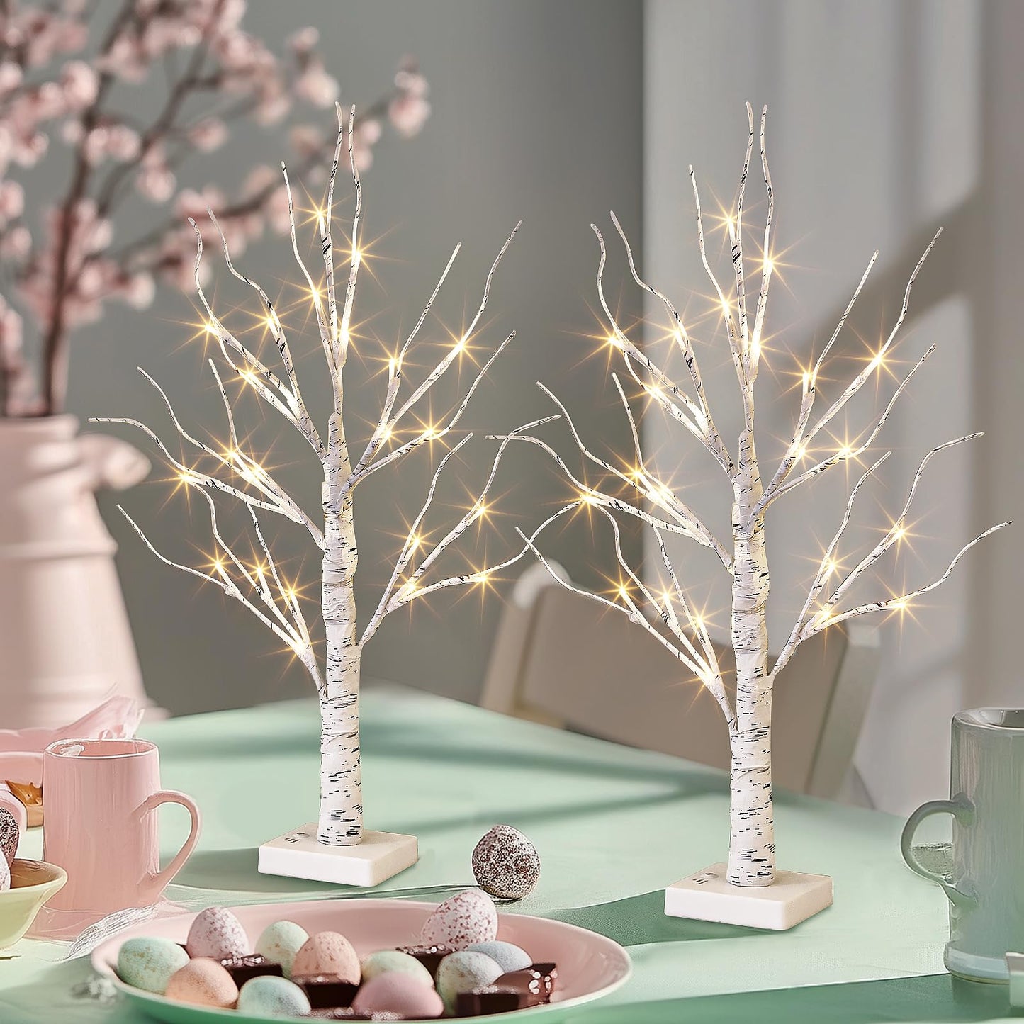 Home Decor, 2FT Birch Tree with LED Lights, Warm White Light up Tree Lamp, Artificial Trees for Home Table Inside, Mother's Day Gift, Battery Powered, Timer (2PK)