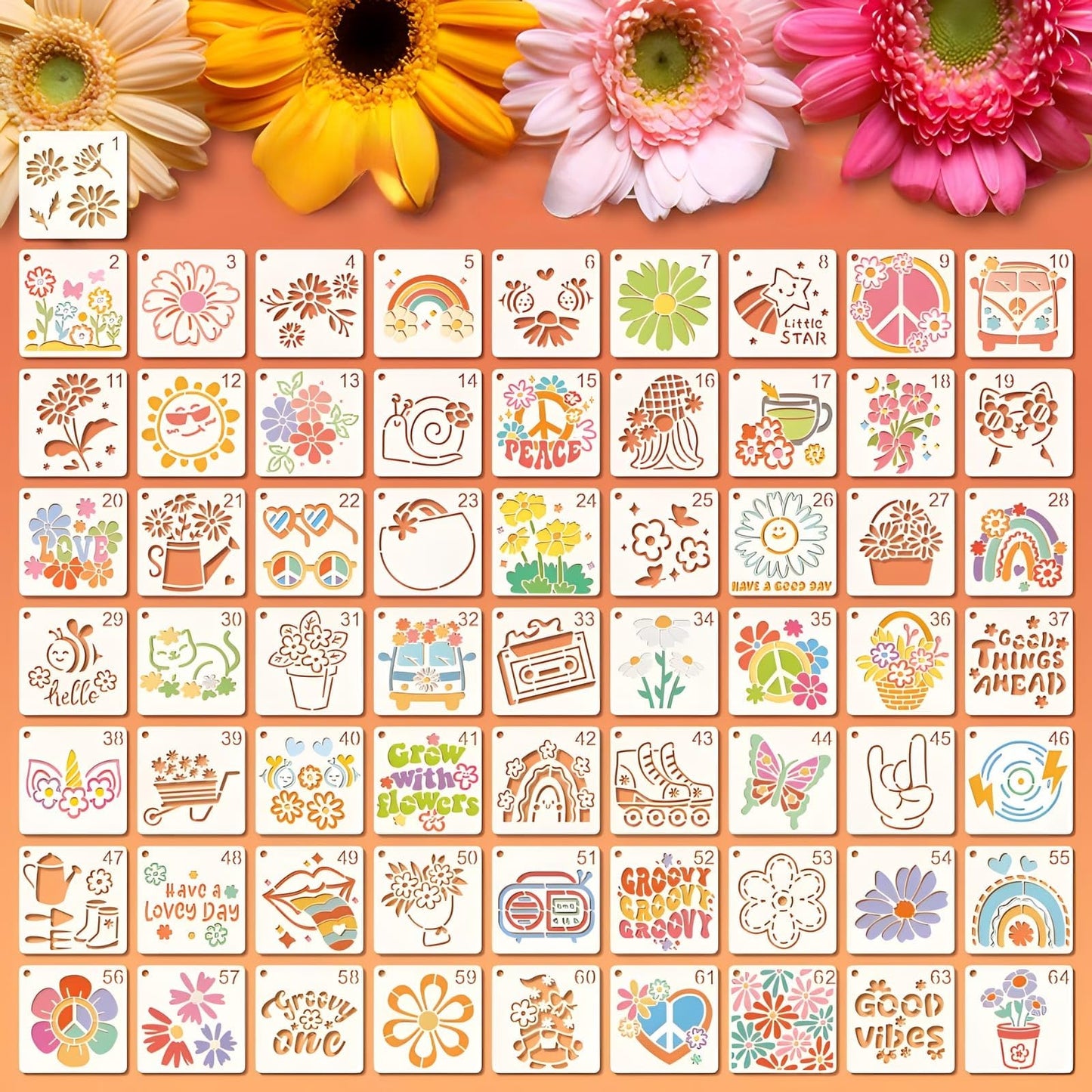 Stencils for Painting, Hippie Style Stencils for Crafts Reusable, 3 Inch Plastic Stencils for Painting on Wood Wall Canvas Fabric, Small Stencils for DIY Project & Home Decor
