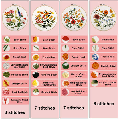 4 Sets Embroidery Kit for Beginners with Stitch Video, Flower Cross Stitch Kits for Adults, Starter, Hand Craft Lover Practice with Floral Stamped Pattern, 2 Hoops, 16 Needles, Scissors, Tools