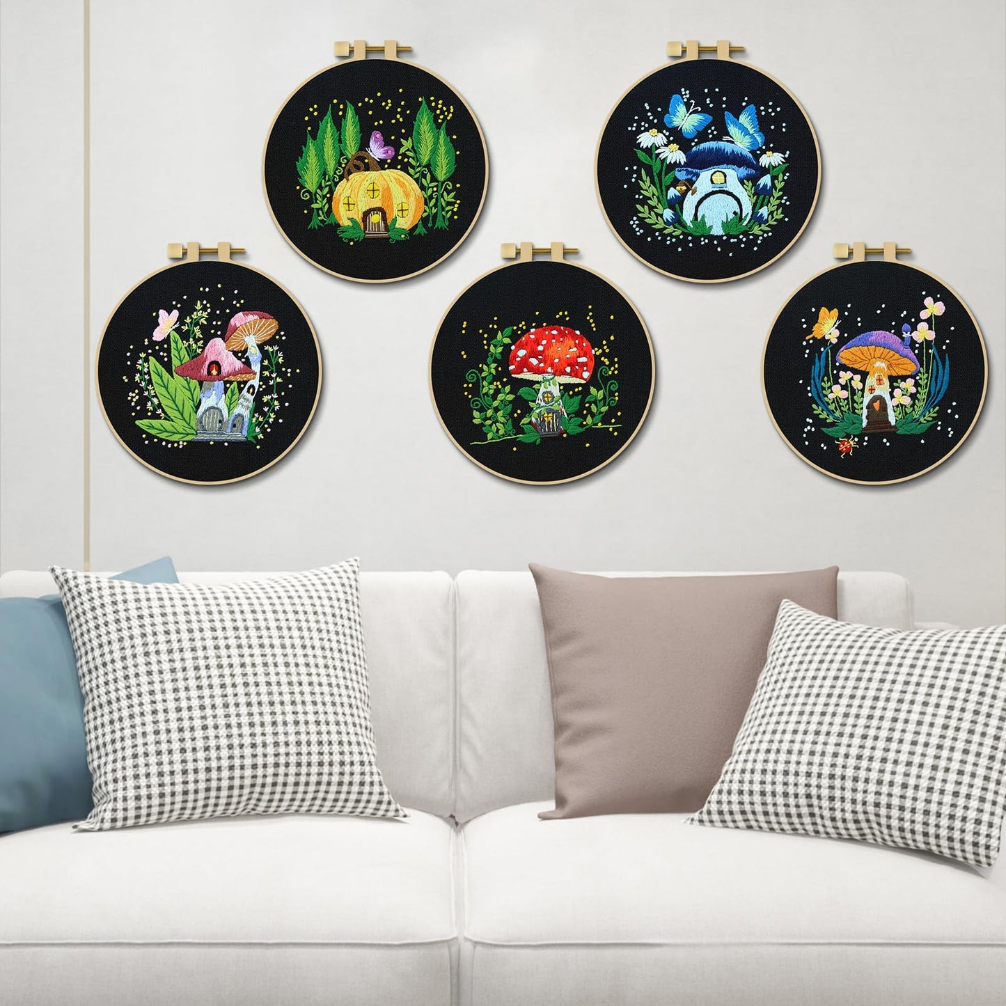 5 Sets Embroidery Kit for Beginners, Art Craft Handy Sewing Set Mushroom Cross Stitch Starter Kits, DIY Embroidery Kits with Patterns and Instructions Hoops Needles Threads