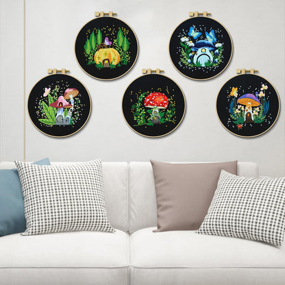 5 Sets Embroidery Kit for Beginners, Art Craft Handy Sewing Set Mushroom Cross Stitch Starter Kits, DIY Embroidery Kits with Patterns and Instructions Hoops Needles Threads