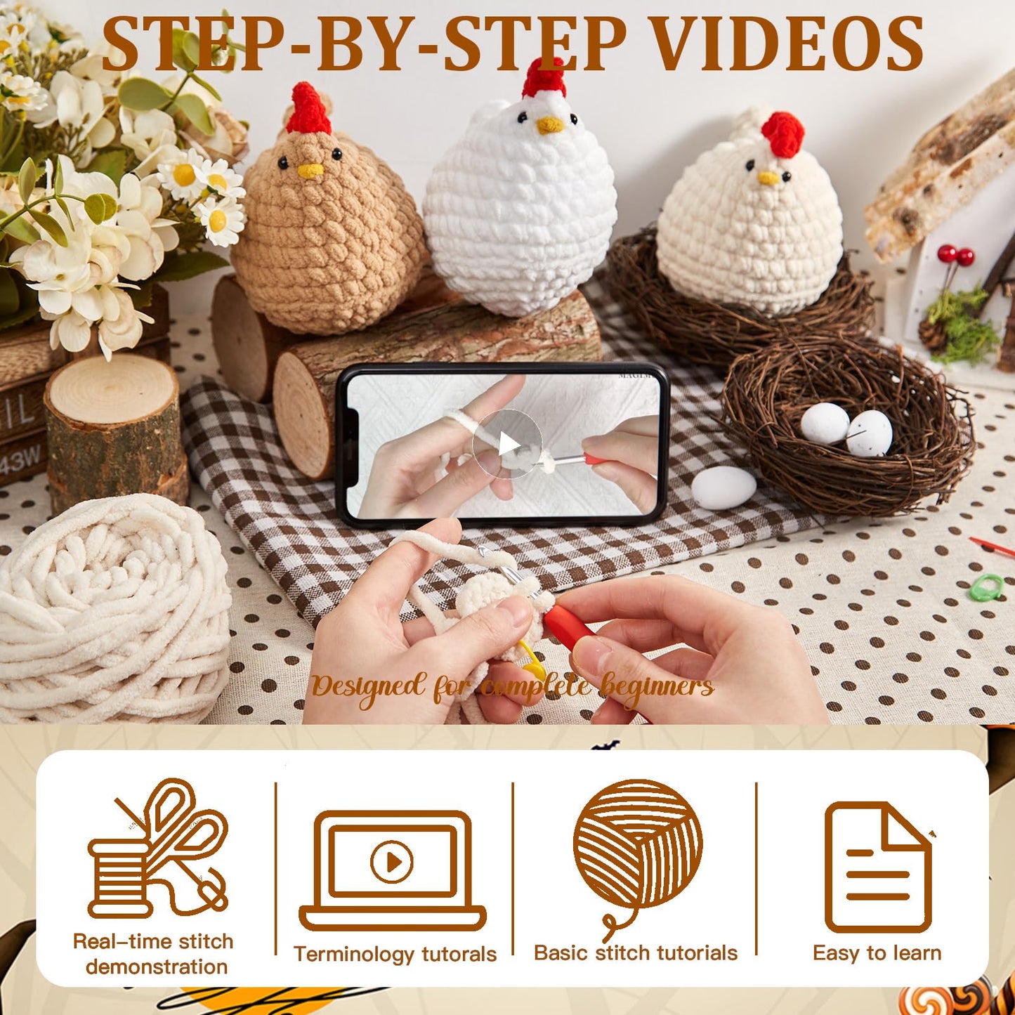 Crochet Kit for Beginners, Crochet Starter Kits for Adults Amigurumi Craft Knitting Crochet Animals Kits with Step-by-Step Video Tutorials, 3 Pcs Chicken (40%+ Yarn)