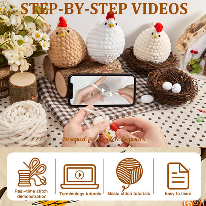 Crochet Kit for Beginners, Crochet Starter Kits for Adults Amigurumi Craft Knitting Crochet Animals Kits with Step-by-Step Video Tutorials, 3 Pcs Chicken (40%+ Yarn)