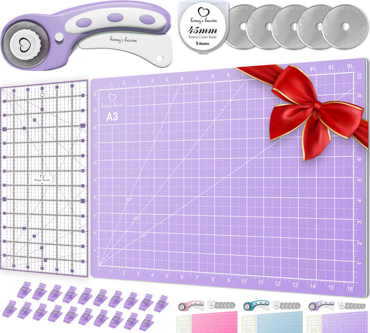 Rotary Cutter Set lavender - Quilting Kit incl. 45mm Fabric Cutter, 5 Replacement Blades, A3 Cutting Mat, Acrylic Ruler and Craft Clips - Ideal for Crafting, Sewing, Patchworking, Crochet & Knitting
