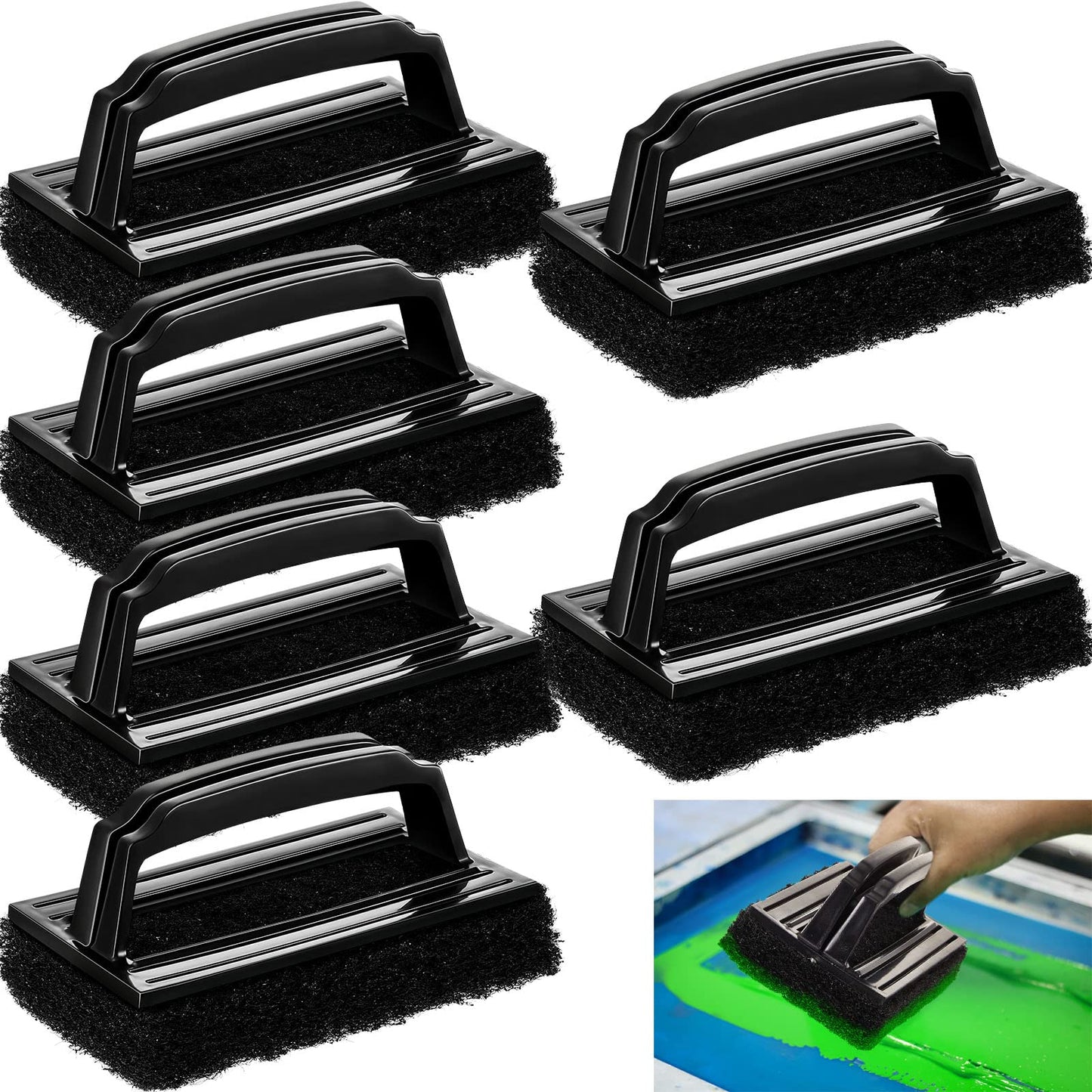 6 Pcs Screen Printing Scrub Pad with Black Handle Screen Print Ink Scrub Brush Chemical Resistant Scrub Cleaner Screen Printing Supplies for Degreasing Reclaiming Mesh Frames Silkscreen Ink Remover