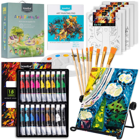 Art Painting Supplies Kit with 18 Paints, 5 Canvas Panels, 8 Brushes, Table Easel, Etc, Premium Paint Set for Students, Artists and Beginner.