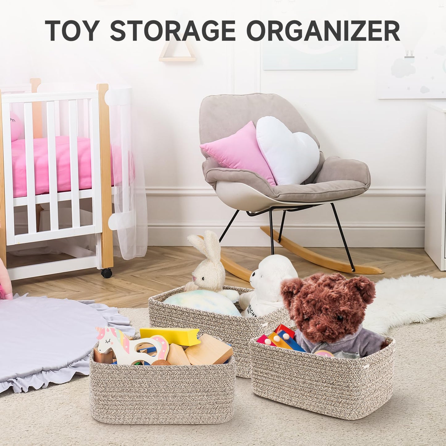 3-Pcs Shelf Baskets for Organizing | Storage Basket for Shelves | Small Woven Baskets | Rope Toy Basket | Closet Organizer Bins | Cube Decorative Box | 11.8×7.8×5.1” | Mixed brown