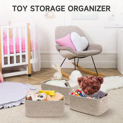 3-Pcs Shelf Baskets for Organizing | Storage Basket for Shelves | Small Woven Baskets | Rope Toy Basket | Closet Organizer Bins | Cube Decorative Box | 11.8×7.8×5.1” | Mixed brown