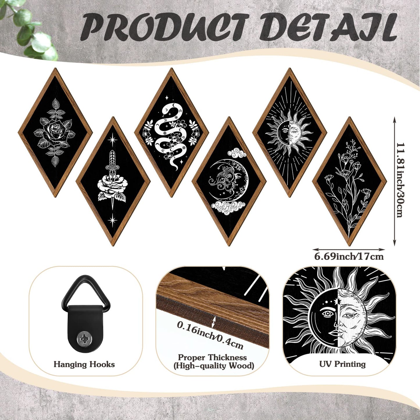 6 Pieces Wall Decor Boho Wall Art Sun Moon Phases Wall Art Gothic Minimalist Stars Sun Wall Hanging Boho Wooden Home Decor Farmhouse Wall Pediments for Gallery Living Bedroom Room