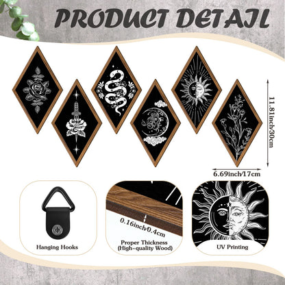 6 Pieces Wall Decor Boho Wall Art Sun Moon Phases Wall Art Gothic Minimalist Stars Sun Wall Hanging Boho Wooden Home Decor Farmhouse Wall Pediments for Gallery Living Bedroom Room