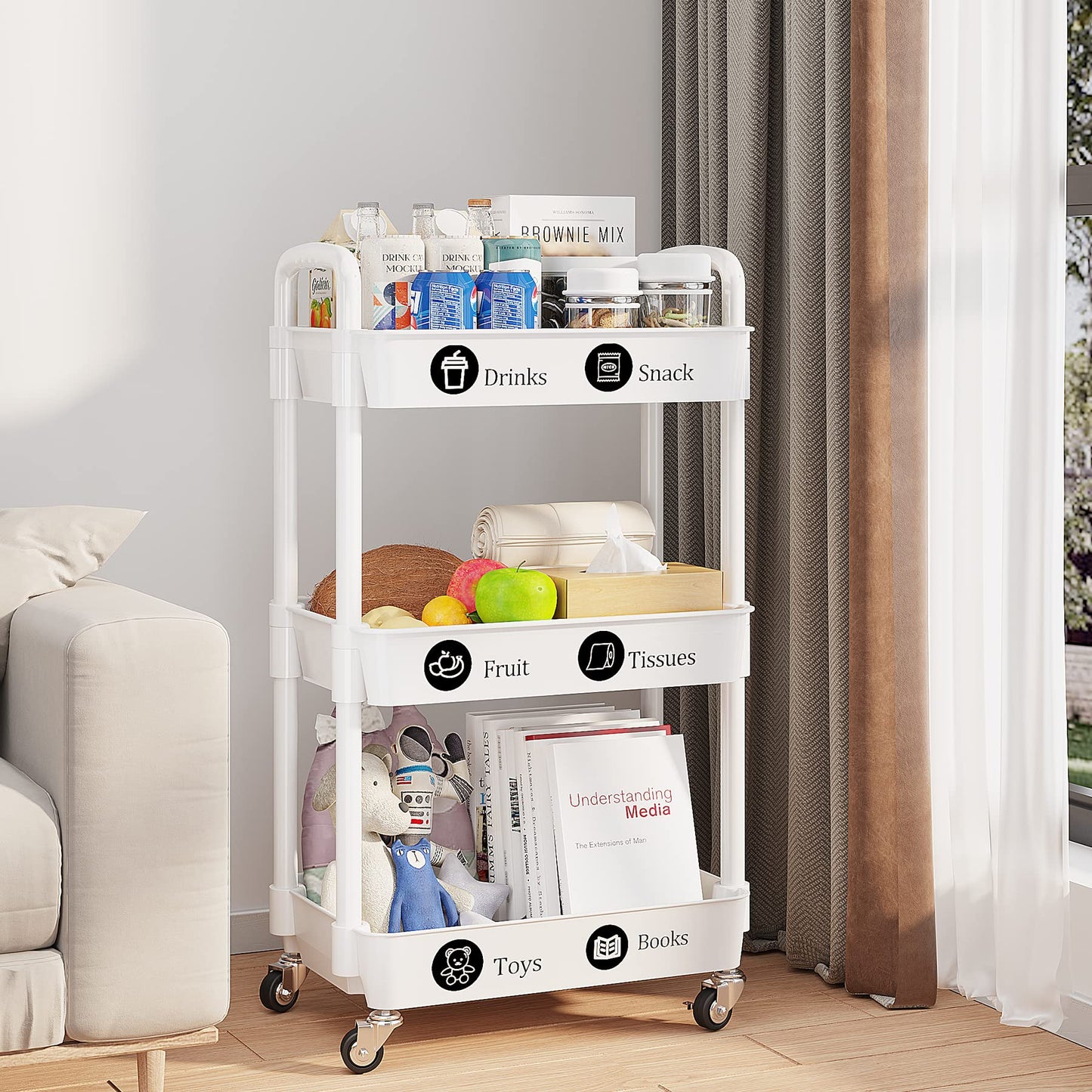 3-Tier Rolling Utility Cart with 12 Category Labels,Multifunctional Storage Shelves with Handle and Lockable Wheels for Room,Office,Kitchen,Bathroom,White