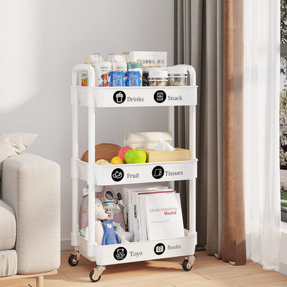 3-Tier Rolling Utility Cart with 12 Category Labels,Multifunctional Storage Shelves with Handle and Lockable Wheels for Room,Office,Kitchen,Bathroom,White