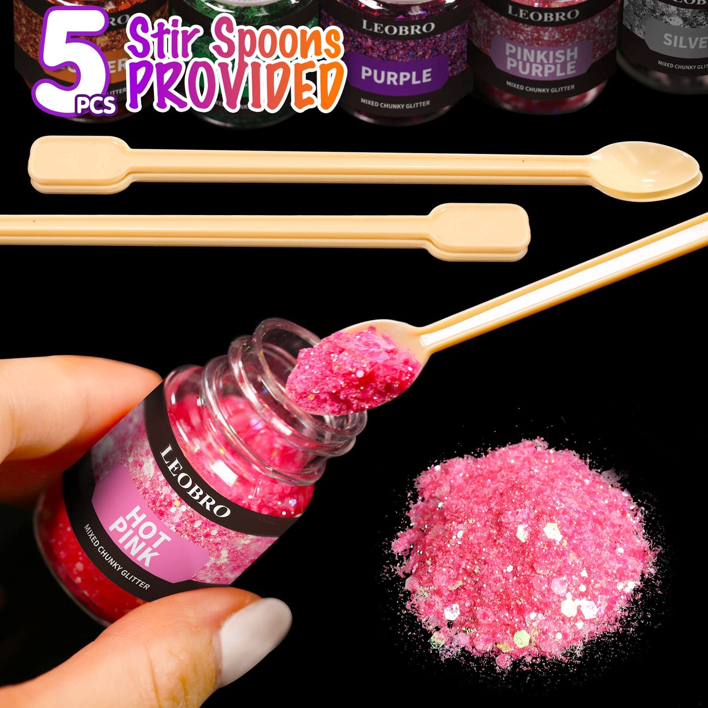 Holographic Chunky Glitter, 15 Colors Craft Glitter for Resin, Nail Body, Jewelry Arts and Crafts, with 5 Mixing Spoons
