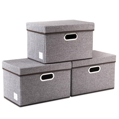 Foldable Storage Boxes with Lids [3-Pack] Linen Fabric Collapsible Storage Bins Organizer Containers Baskets Cube with Cover for Home Bedroom Closet Office Nursery (14.9x9.8x9.8)