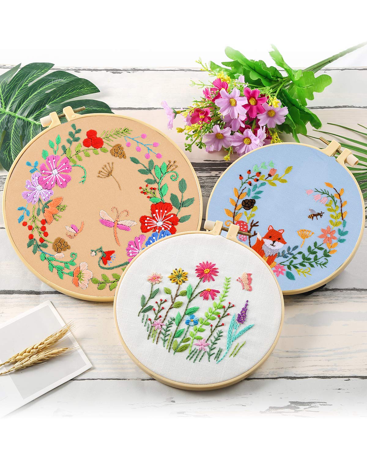 10 Pieces Embroidery Fabric, Including 10 Colors Embroidery Cotton Fabric, 5 Colors Water-Soluble Pens, 7.9 by 7.9 Inch