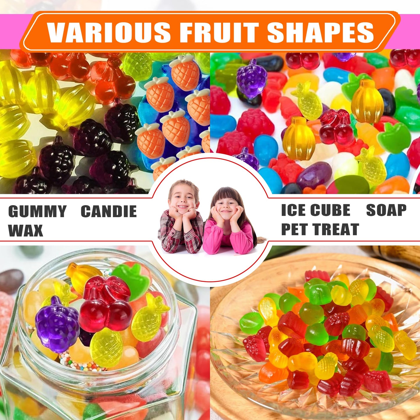 Set of 8 Fruit Snack Molds Silicone Bpa Free, Gummy Molds Trays for Candy Chocolate Gummies Baking - with 2 Dropper & 2 Cleaning Brush(Cherries Grape Banana Apple Pineapple)