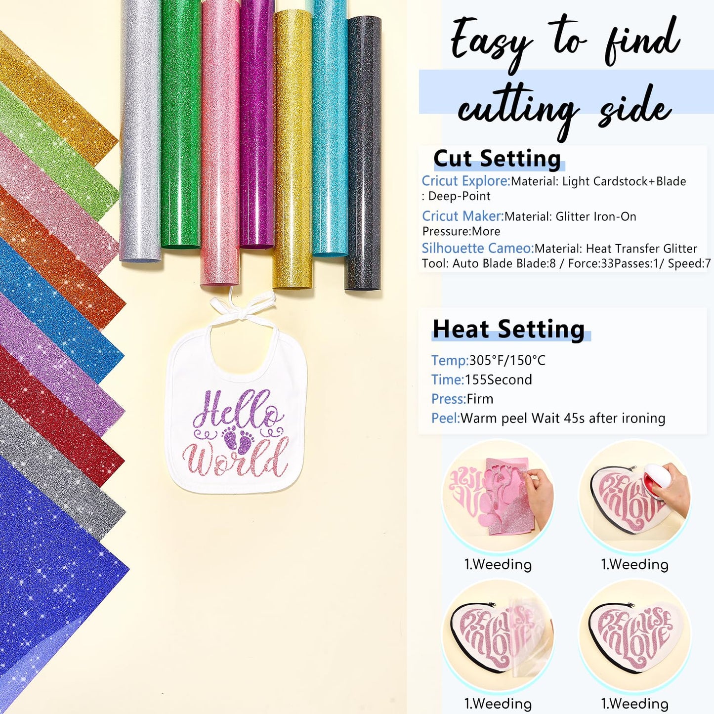 Glitter HTV Heat Transfer Vinyl - 16 Sheets 12"X12" Colorful Glitter Heat Transfer Vinyl Shinny Glitter Iron On Vinyl for T-Shirts Glitter HTV Compatible with Cricut Or Sillhoutte Cameo