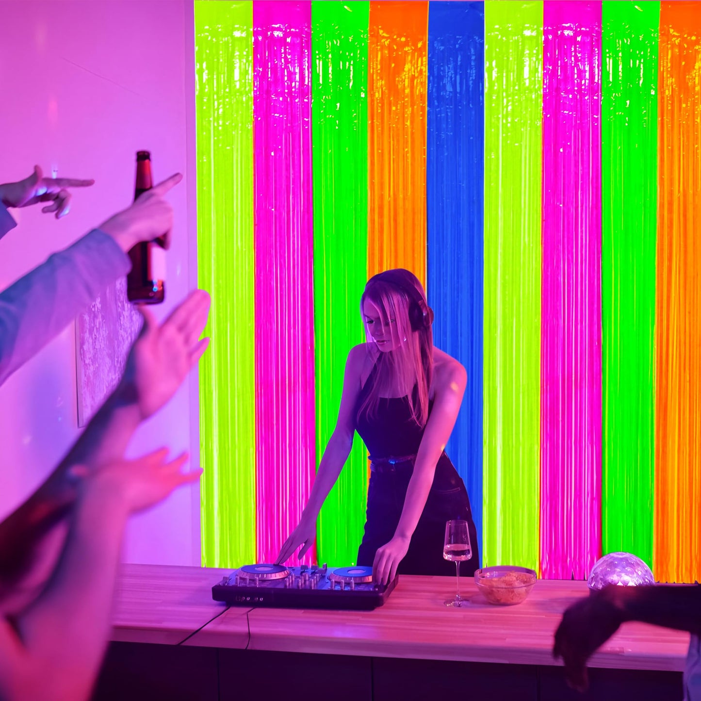 2 Pack Neon Foil Fringe Curtains Glow in The Dark Tinsel Streamers Fluorescent Macaron Foil Fringe Backdrop Neon Party Photo Booth Prop for Glow Birthday Wedding Blacklight Party Decor, 3.3 x 6.6 Ft