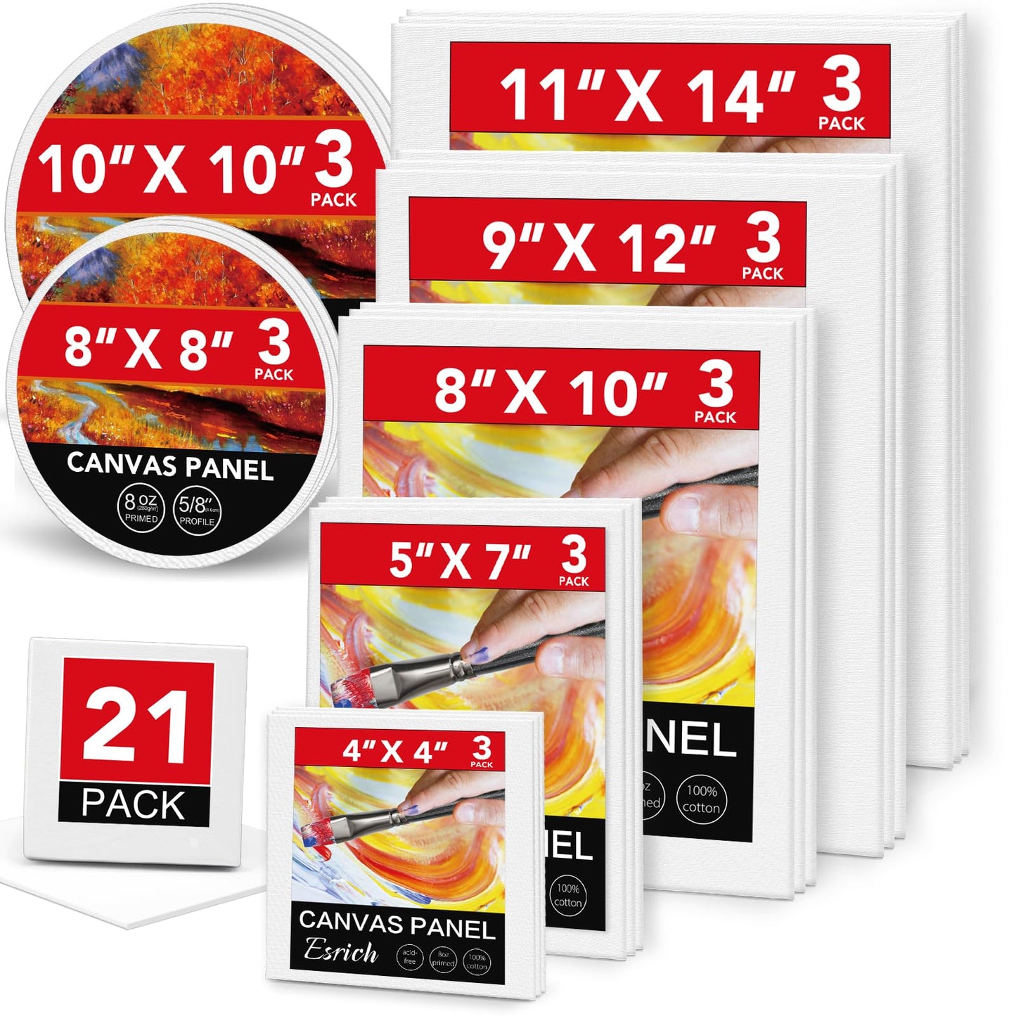 Canvas Boards for Painting-21 Pack Blank Canvas Boards-4x4, 5x7, 8x10, 9x12, 11x14, Round Canvas D8, D10, Cotton Primed Canvas Panels, Painting Canvas for Oil, Acrylic, Watercolor.