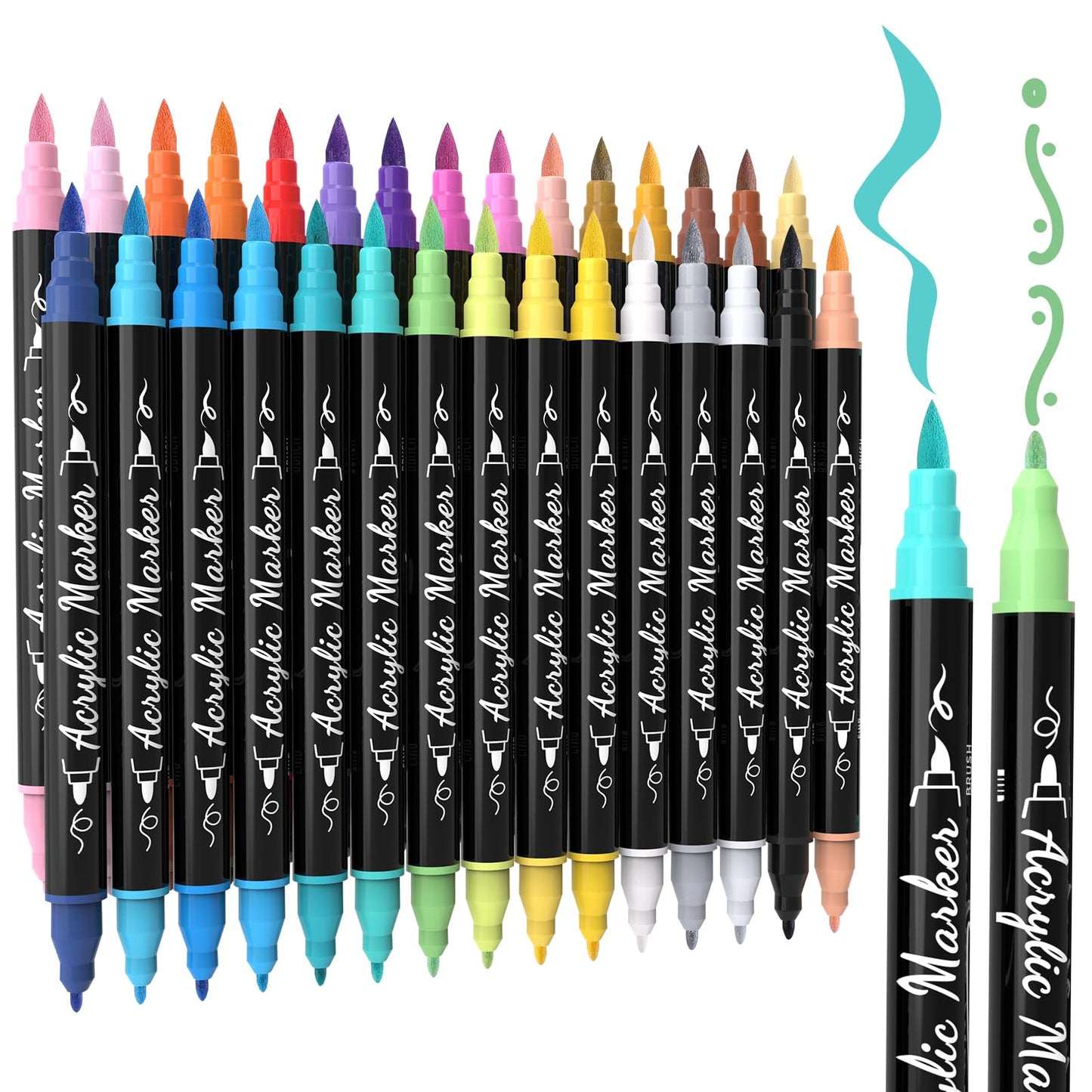 30 Colors Acrylic Paint Markers, Waterproof Dual Tip Acrylic Paint Pens with Brush and Fine Tip, Markers Set for Paper, Rock, Wood, Canvas, Glass, Ceramic and DIY Crafts Making Art Supplies