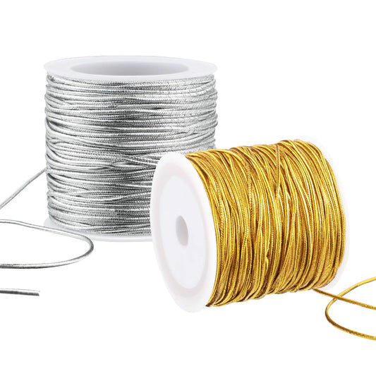 2 Rolls Metallic Elastic Cords Stretch Cord Ribbon Metallic Tinsel Rope for Craft Making Gift Wrapping, 1 mm 55 Yards
