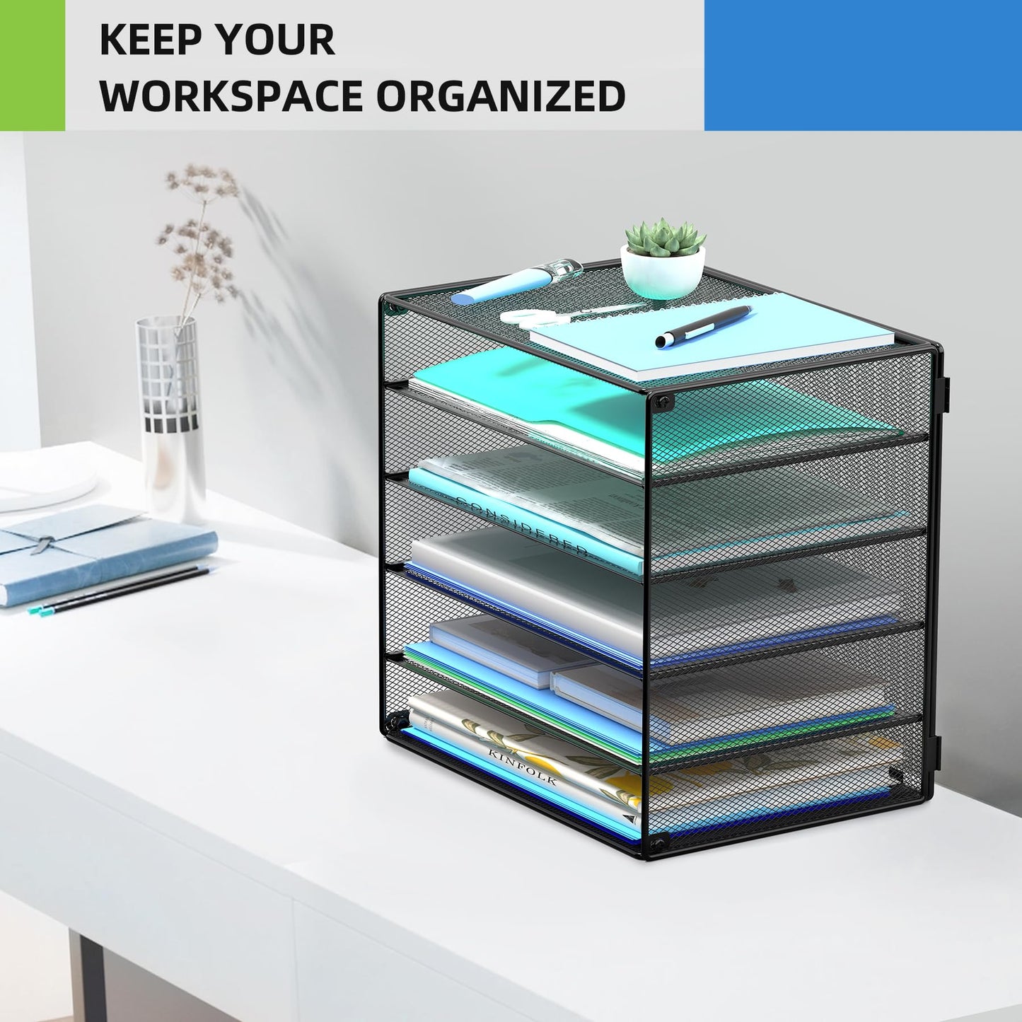 6 Tier Desk Organizer Paper Tray, Metal File Holder Desktop Organizers and Workspace Accessories for School Office Organization Storage Rack (1, Black)