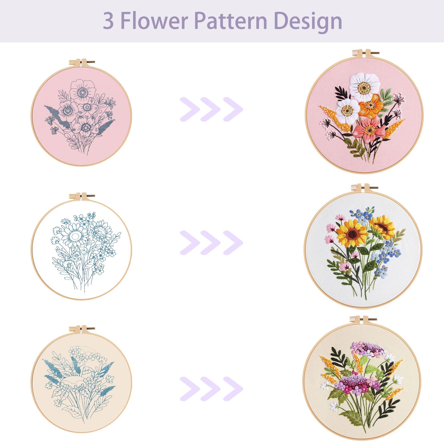 3 PCS Embroidery Kit for Beginners - Cross Stitch DIY Craft Set, Flower Embroidery Accessories & Hoop Included, Hand Embroidery Kit for Adults Stitching Sewing Kit Gift | FlowerB Patterns