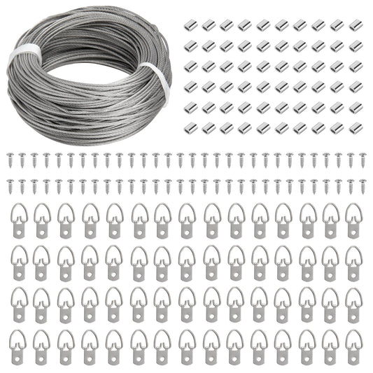 Picture Hanging Kit - 100 Feet Stainless Steel Hanging Wire, 60 Pcs D Ring Picture Hangers with Screws and 60 Pcs Aluminum Crimping Loop Sleeve for Canvas Paintings, Photo Frames