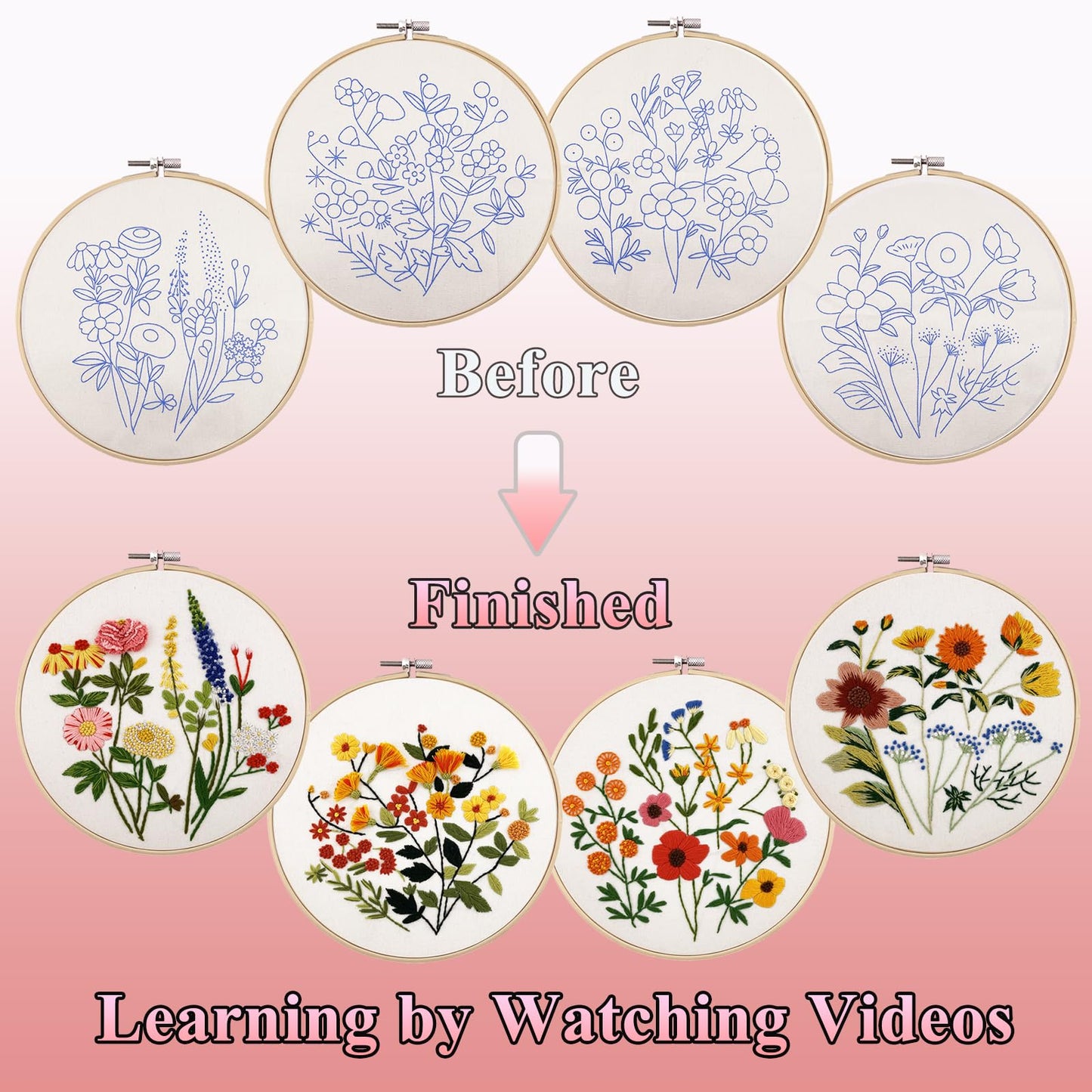 4 Sets Embroidery Kit for Beginners with Stitch Video, Flower Cross Stitch Kits for Adults, Starter, Hand Craft Lover Practice with Floral Stamped Pattern, 2 Hoops, 16 Needles, Scissors, Tools