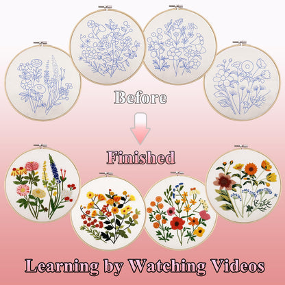 4 Sets Embroidery Kit for Beginners with Stitch Video, Flower Cross Stitch Kits for Adults, Starter, Hand Craft Lover Practice with Floral Stamped Pattern, 2 Hoops, 16 Needles, Scissors, Tools