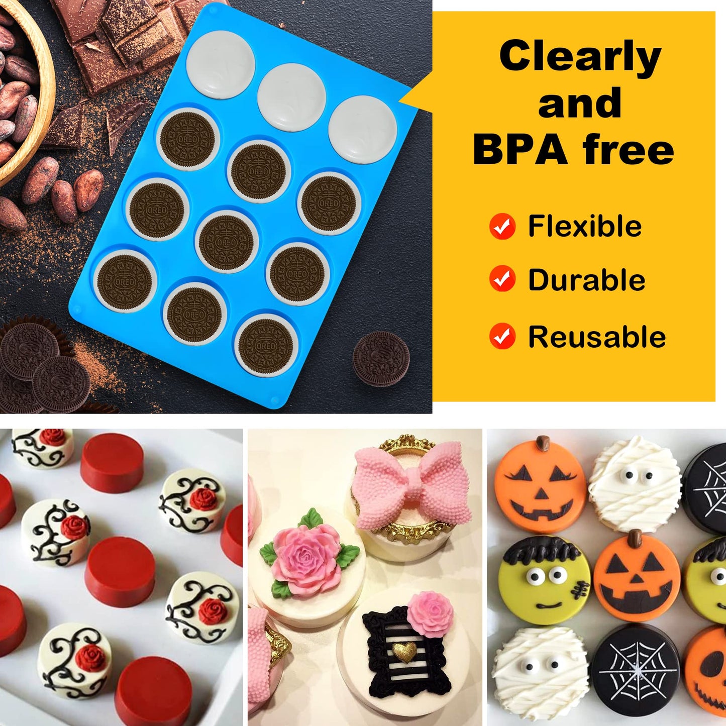 3Pcs Oreo Cookie Chocolate Silicone Mold, 12-Cavity Round Cylinder Oreo Chocolate Cover Molds for Candy, Silicone Baking Molds for Mini Cakes, Jelly