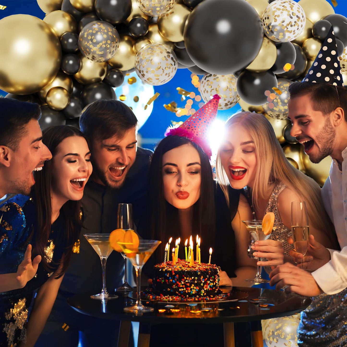 130pcs Black and Gold Balloons, Black Metal Gold and Metallic Confetti Gold Balloons for 2025 Graduation Class Decorations Retiremen Party Baby Shower Wedding Birthday Anniversary