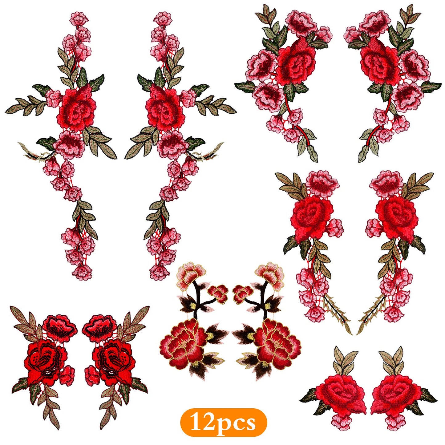 12 Pieces (6 Pairs) Iron On Flower Patches Clothing Patch Delicate Embroidered Flower Appliques for DIY T-Shirt Backpack Hoodies Shoes Bags Decoration, 6 Styles
