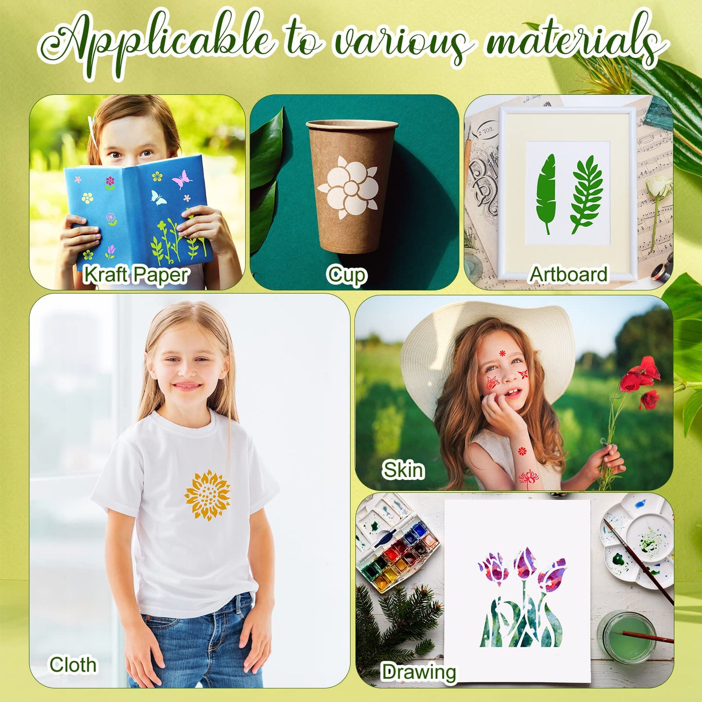 100 Pcs Stencils for Painting on Wood Reusable Stencil Crafts Drawing Templates Holiday Wall Paper for DIY Scrapbook Home 2 x 2 Inch(Flower, Plants)