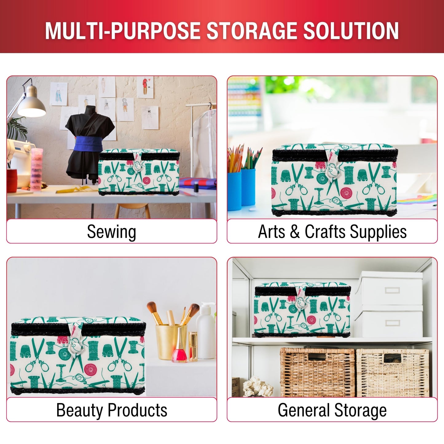 07271 Basket with Sewing Notions Kit & Removable Tray-Vintage Spools, Tan