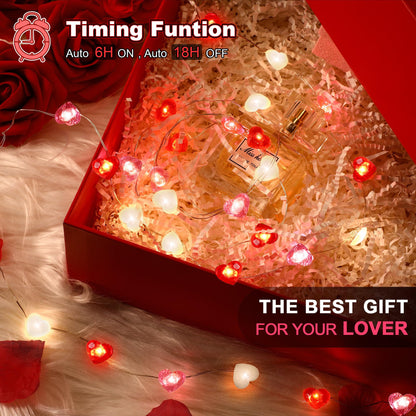 Fairy String Lights 10 Feet LED Red Pink White Heart Shaped Twinkle Fairy Lights 8 Modes Battery Operated for Valentine‘s Day Kids Bedroom Christmas Wedding Indoor Party Decor with Timer