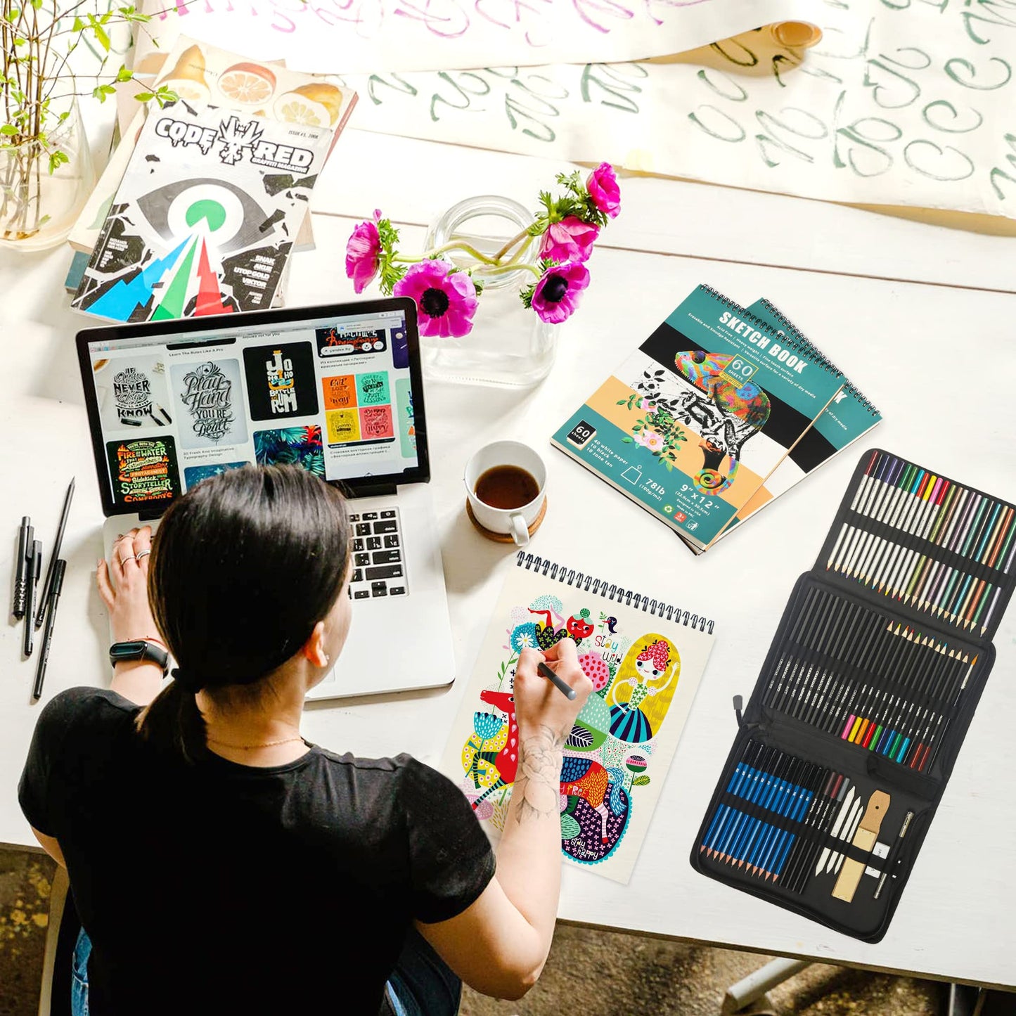 76pc Art Supply Set - Sketching & Drawing Kit with Tutorial Book, Sketchbook & Paper - Pencils, Pastels, Watercolors for Beginner Artists