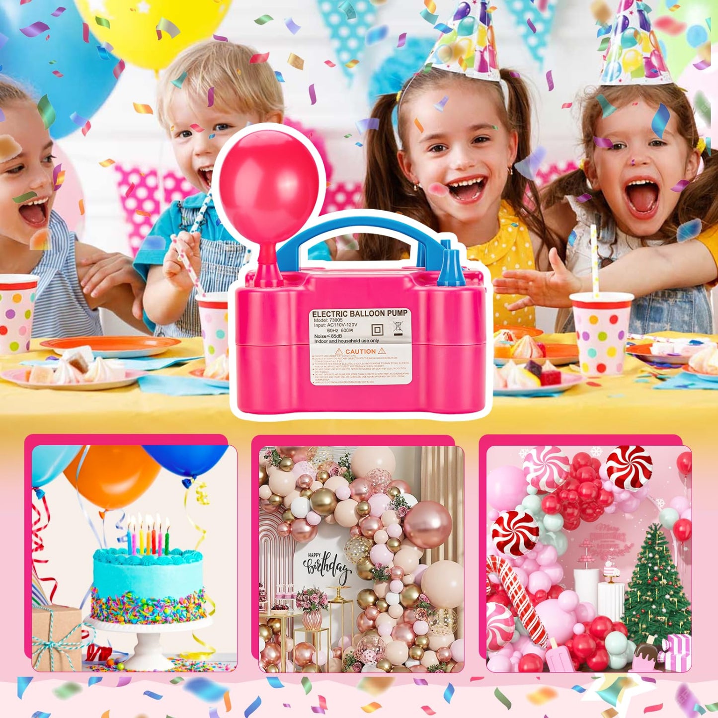 Electric Air Balloon Pump, 110V 600W Rose Red Portable Dual Nozzle Inflator/Blower for Party Decoration