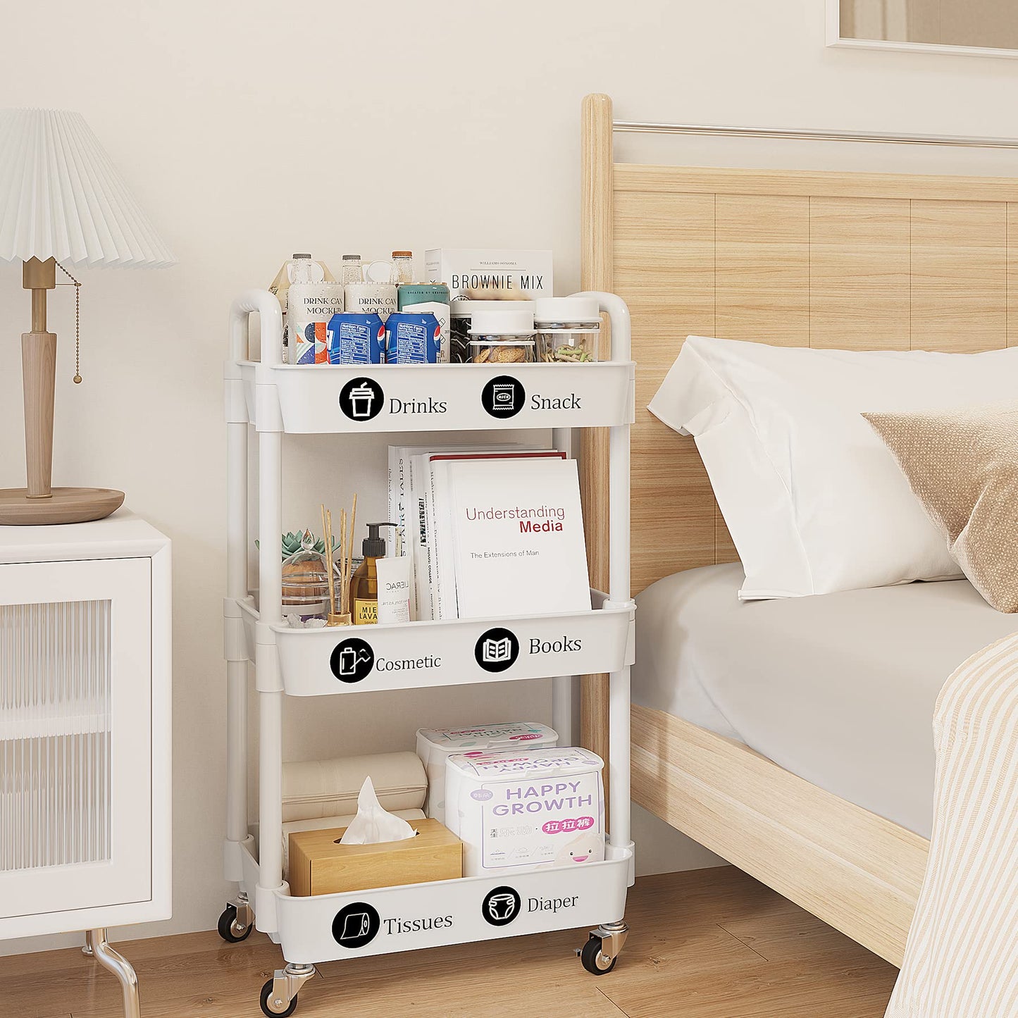 3-Tier Rolling Utility Cart with 12 Category Labels,Multifunctional Storage Shelves with Handle and Lockable Wheels for Room,Office,Kitchen,Bathroom,White