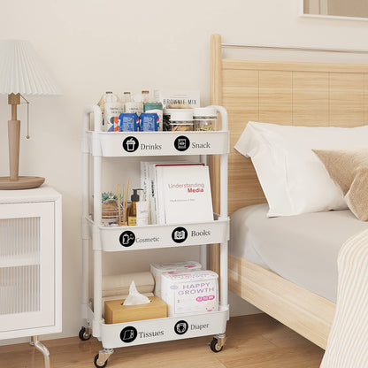 3-Tier Rolling Utility Cart with 12 Category Labels,Multifunctional Storage Shelves with Handle and Lockable Wheels for Room,Office,Kitchen,Bathroom,White