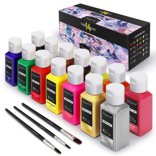 Permanent Soft Fabric Paint Set for Clothes 14 Colors 60ML Textile T-Shirt Paints, No Heating Needed & Washable Fabric Paints for Crafts, Canvas, T-Shirts, Jeans, Bags, with 3 Brushes