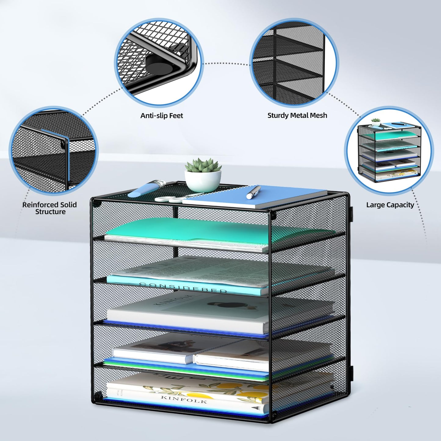 6 Tier Desk Organizer Paper Tray, Metal File Holder Desktop Organizers and Workspace Accessories for School Office Organization Storage Rack (1, Black)
